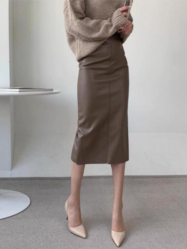 スカート 女性用 秋冬 高腰 ストレート 後ろスリット 中長丈 ドレープ 包みヒップ ハグ 半身スカート 通勤風 気質 無弾性 純色 コーヒー色 ブラック