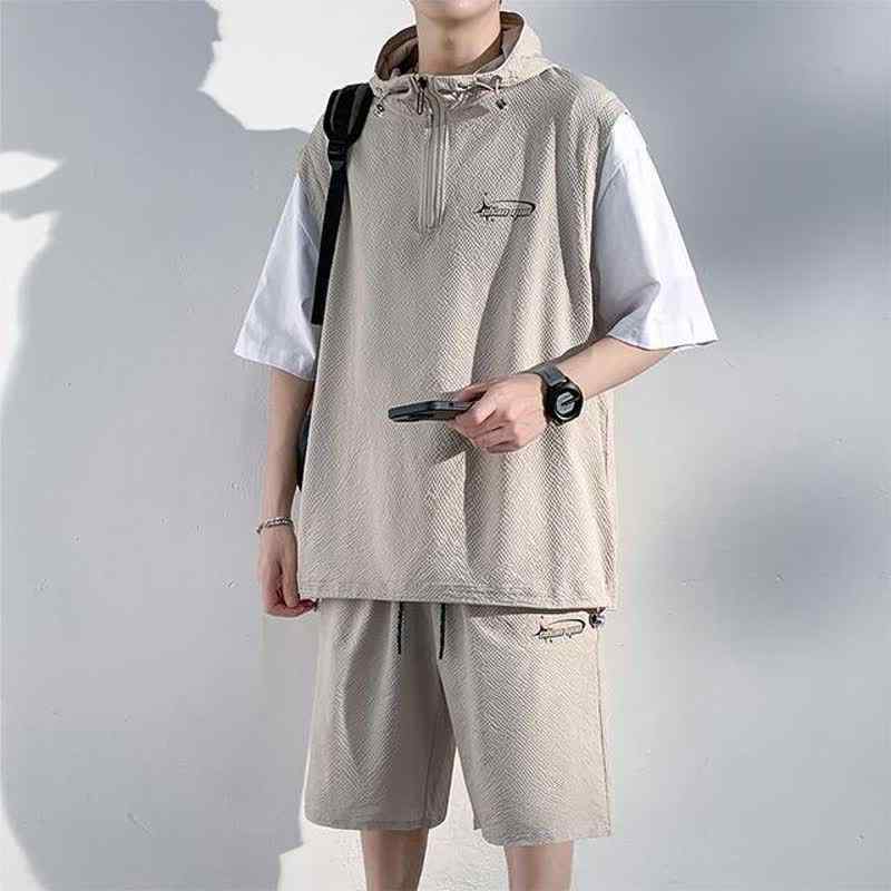 メンズ 短袖 連帽 Tシャツ セット 短パン 夏 吸湿速乾 接触冷感 ポリエステル 混紡 薄手 ゆったり 大きいサイズ 街頭 カジュアル ブラ..