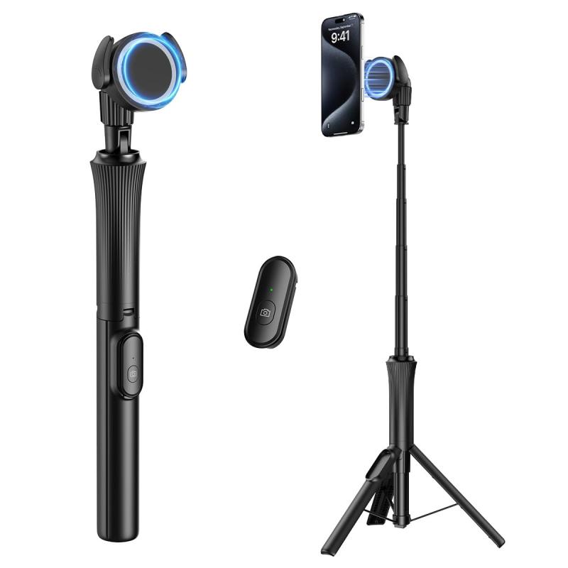 リモコン付きiPhone用磁気式三脚、伸縮可能な携帯電話三脚スタンド 145cm スマホスタンド三脚 軽量軽量自撮り棒MagSafe対応 片手操作 【2025新登场】三脚/一脚兼用Tripod for iPhone Androidに対応 マグ