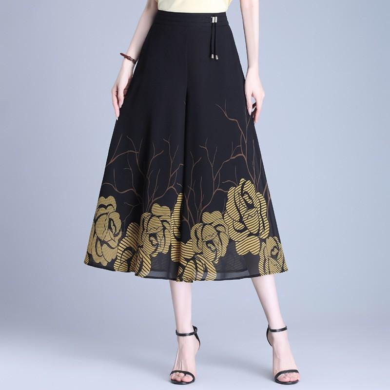 レディース ワイドパンツ 七分丈 夏 通勤用 気質 プリント 花柄 赤 黄色 青 ポリエステル 再生繊維 薄手 微弾性 高腰 ゆったり シルエット 軽量 吸湿速乾 ポケット 切り替え デザイン クロップド ハーフパンツ カジュアル スタイル ブラウス 合