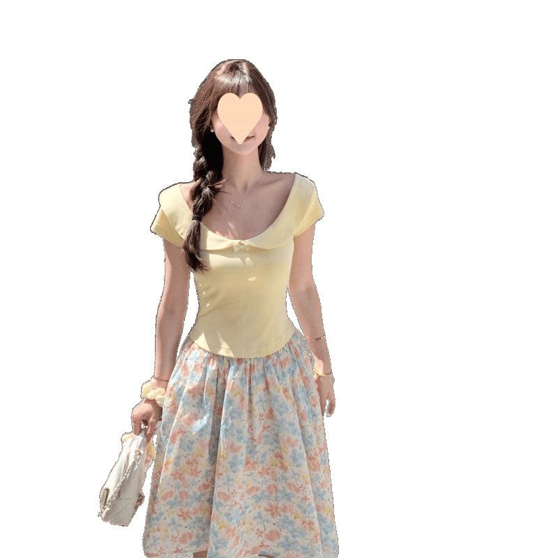 春夏 半身スカート 韓系 レトロ 油絵風 プリント Aライン 中長丈 フレア スカート ミルクブルー ポリエステル 肌触り良い 内側裏地 不透明 通勤 普段使い 都市スタイル 気品 軽量 吸湿速乾