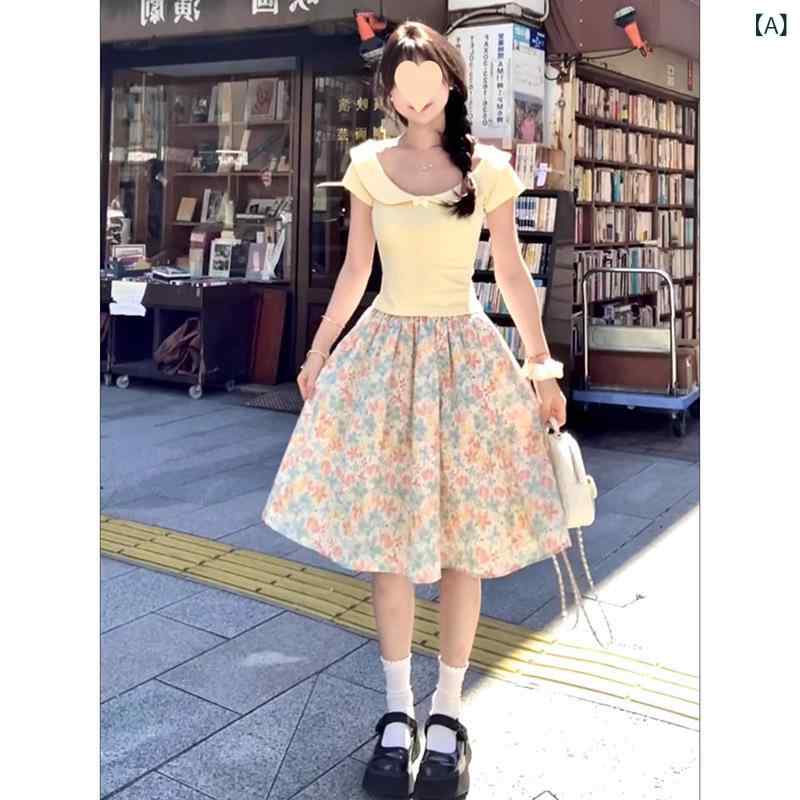 春夏 半身スカート 韓系 レトロ 油絵風 プリント Aライン 中長丈 フレア スカート ミルクブルー ポリエステル 肌触り良い 内側裏地 不透明 通勤 普段使い 都市スタイル 気品 軽量 吸湿速乾 2