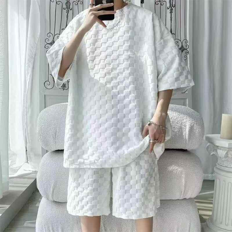 メンズ 夏季 スポーツ セットアップ 短袖 Tシャツ ショートパンツ 涼しい 吸湿速乾 ポリエステル混紡 ゆったり ビッグサイズ 白色 ブラ..