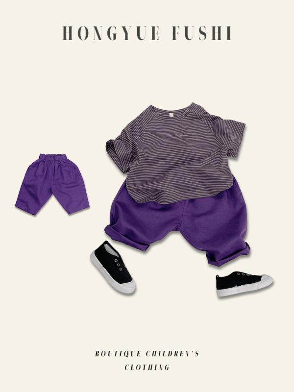 子供 男女用 七分パンツ 紫色 麻素材 透気性 ワイドシルエット ハイウエスト 夏用 柔軟 酵素洗い ボヘミアン 英倫 トレンド 切り替え 軽量 吸湿速乾 3～8歳 100～140cm ユニセックス キッズ ルーズフィット カラーブロック カジュアル レ