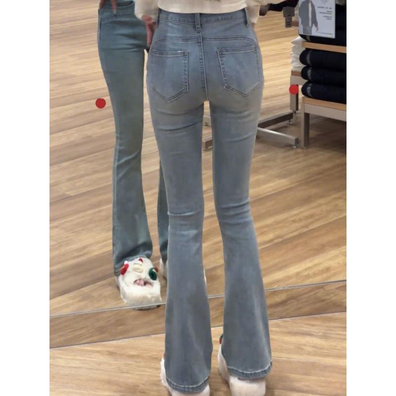 レディース デニムパンツ アイスブルー ハイウエスト 脚長効果 フレアパンツ モダール混 接触冷感 軽量 ストレッチ 通勤 普段使い 秋 薄手 プリント柄 気質 修身シルエット 長丈 クロップド