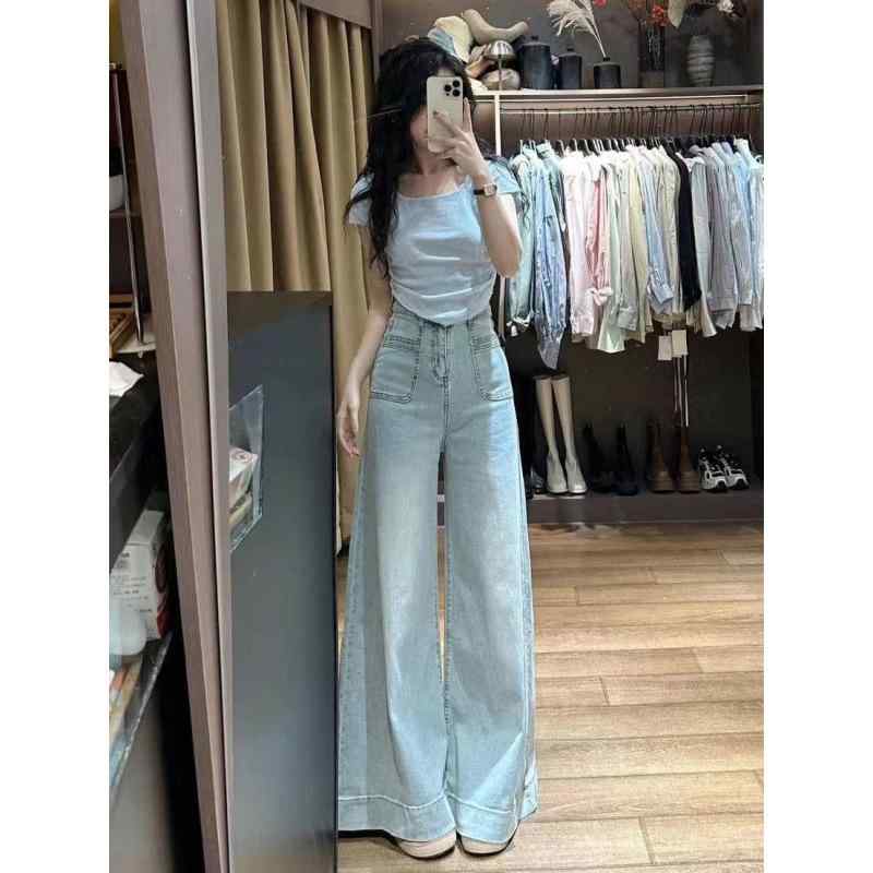 レディース デニムパンツ スカート 秋冬 高腰 ワイドレッグ ロング丈 気質 通勤 スタイル 都市風 軽量 伸縮性 吸湿速乾 切り替え デザイン ブルー ホワイト ブラック 綿素材 95パーセント 以上