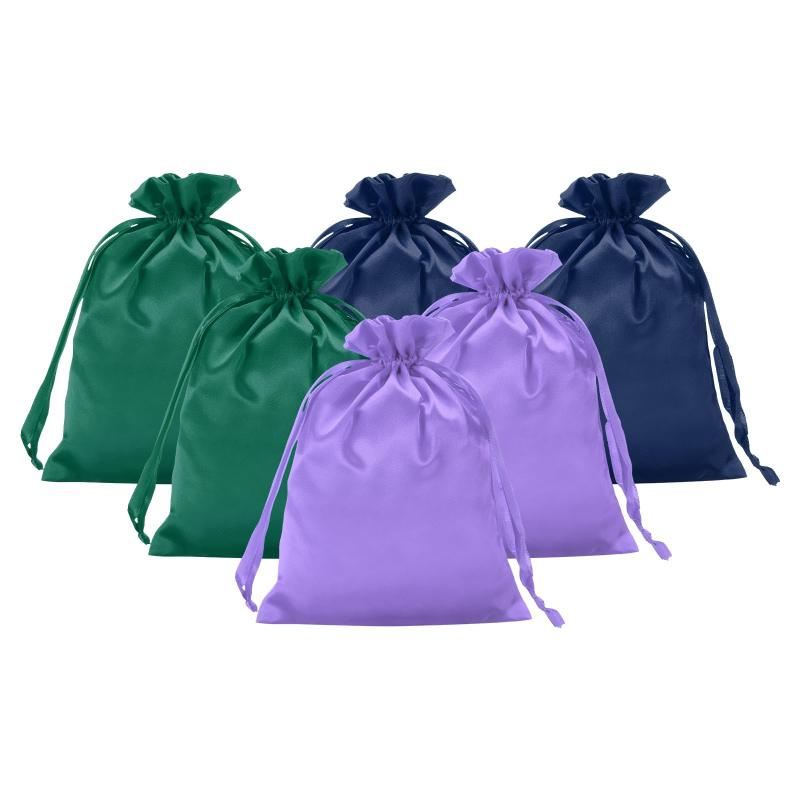 PATIKIL サテンギフトバッグ 6個入り 8 x 6" ウェディング記念品 巾着バッグ 巾着付き 誕生日 クリスマス 宝石パーティー用 ダークブルー/緑/ライトパープル