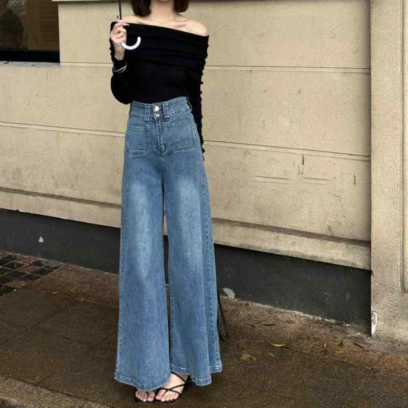ワイドレッグ デニム パンツ スカート レディース 春夏 高腰 ロング丈 膝下丈 気質 通勤 スタイル 都市風 洗い加工 ボタン ジッパー 綿 素材 95% 以上 軽量 伸縮性 吸湿速乾 ブルー ホワイト ブラック 普段使い デイリー コーデ 女性用 ト