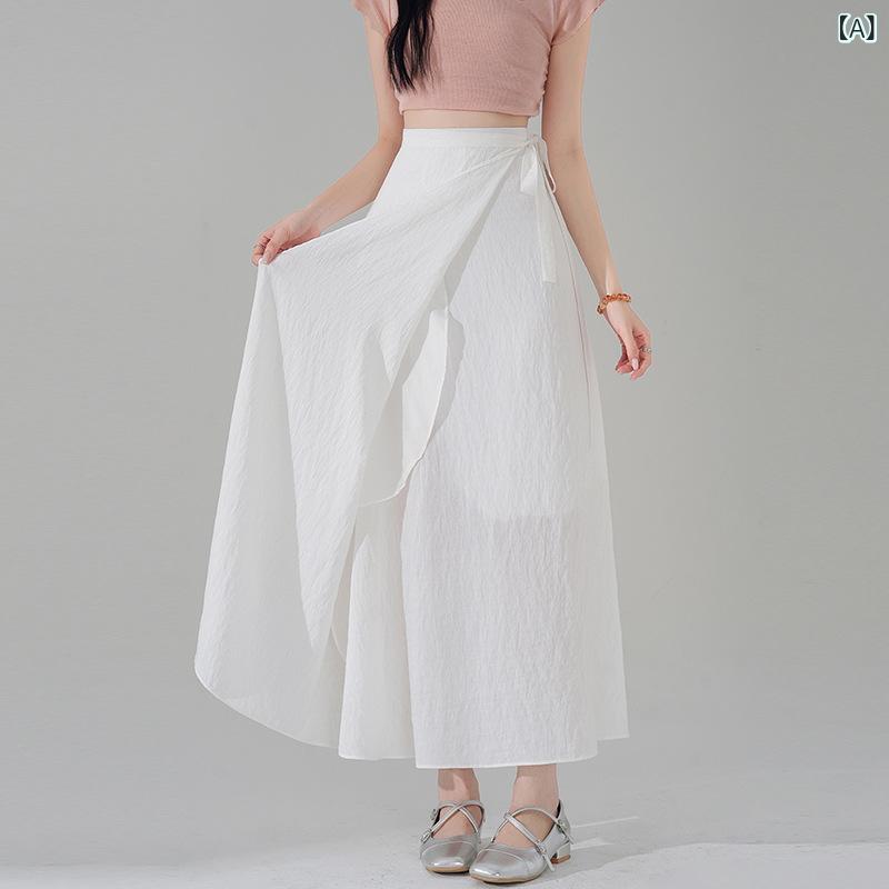 スカート 女性用 夏 ミディ丈 包みスカート 雪纺 ハイウエスト Aライン フレア 切り替え ポリエステル 微弾性 通勤 都市スタイル 気質 軽量 吸湿速乾 ホワイト ブラック ライトブルー ラッフル タイバック アシンメトリー スリムフィット かわいい