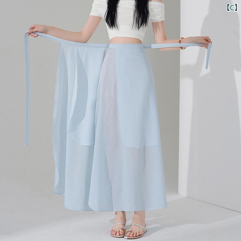 スカート 女性用 夏 ミディ丈 包みスカート 雪纺 ハイウエスト Aライン フレア 切り替え ポリエステル 微弾性 通勤 都市スタイル 気質 軽量 吸湿速乾 ホワイト ブラック ライトブルー ラッフル タイバック アシンメトリー スリムフィット かわいい 3
