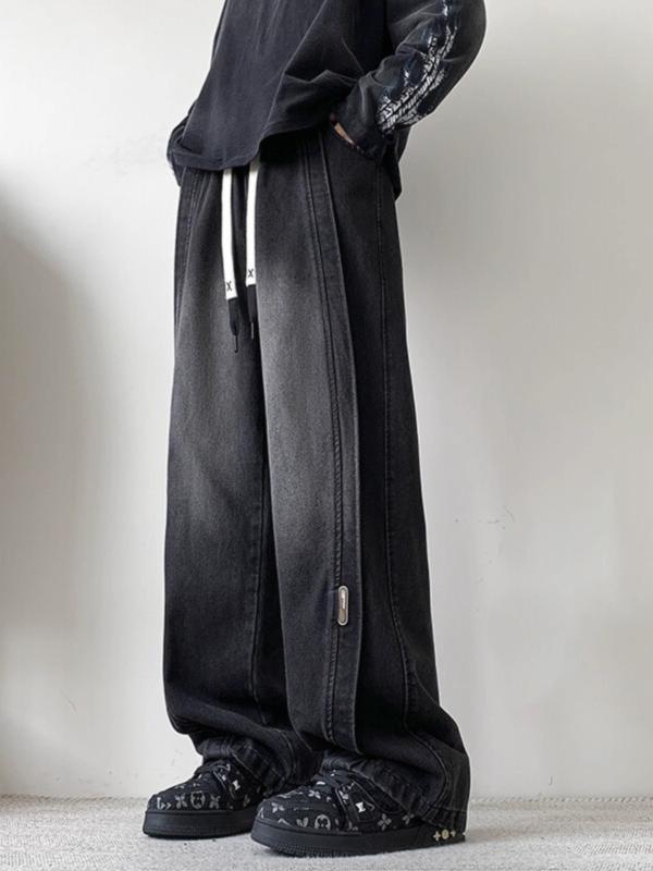 メンズ デニムパンツ 直筒型 コットン混紡 綿素材 ポリエステル混入 再生繊維 春季用 ミッドライズ 紐締め ウォッシュ加工 ロング丈 普通厚 無弾性 ピースカラー 黒 グレー系 ブルー ゆったりワイドレッグ 大きいサイズ ストリートスタイル カジュアル
