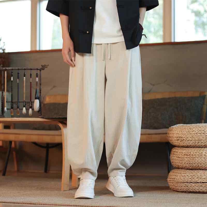 樂天商城 - メンズ 夏用 ゆったり 灯笼パンツ ワイドレッグパンツ 青年 休闲 コットン麻 ストレートロングパンツ 禅スタイル 吸湿速乾 ブラック ネイビー カーキ グレー 通勤 普段使い アウトドア 中腰 ノーエラスティック 純色 軽量 通年対応