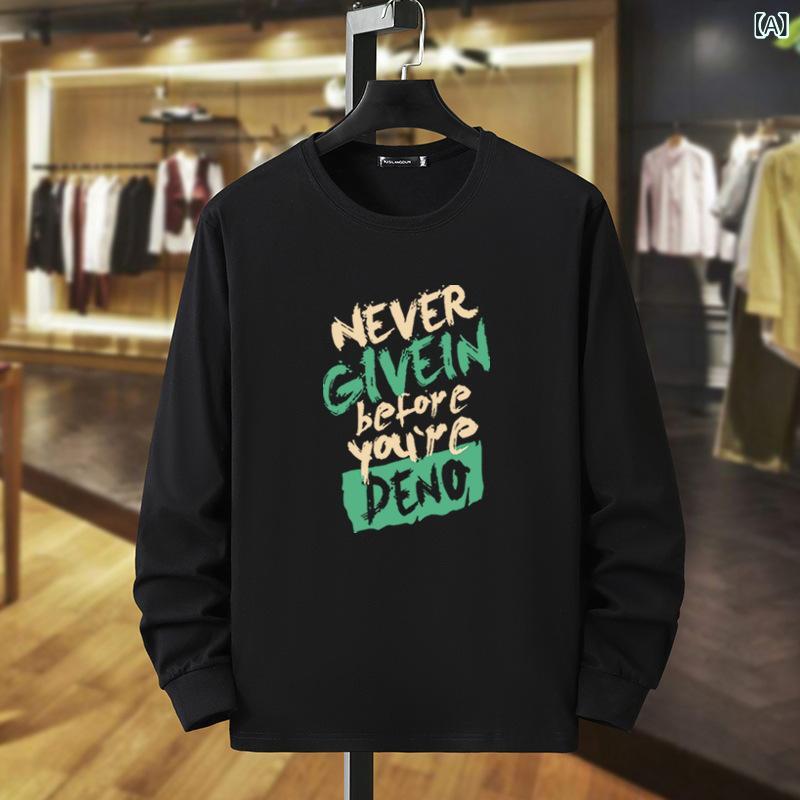 フォークBRのメンズ 大きめサイズ 長袖 Tシャツ トップス 丸首 ゆったりシルエット 秋冬 コットン混紡 麻混 接触冷感 吸湿速乾 耐磨 印花 幾何模様 アルファベット柄 ブラック ホワイト ネイビー グレー ワインレッド ダークグリーン パープル 日常使い カジュ｜アングル2