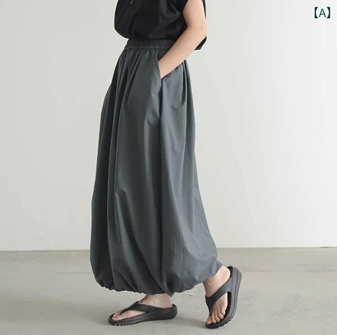 乐天商城 - スカート 女性用 春夏 ゆったり風 ルーズ 花苞 半身 ロング フレア ポケット付き 無地 プリーツ加工 グレー ブラック ベージュ 通勤 カジュアル コットン混 ゆったりシルエット