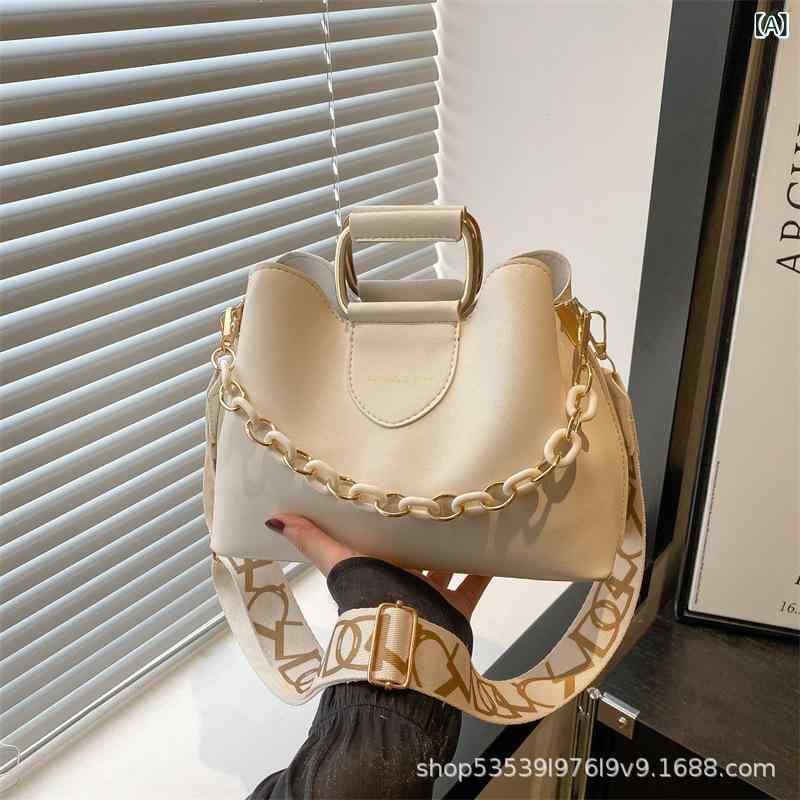 女性用 バケットバッグ 韓国風 ファッション シンプル ショルダーバッグ チェーン付き 通勤 ハンドバッグ 横型 方形 小型 PU素材 合成革 磁扣 開閉 ソフト 単肩ストラップ 日常使い 街頭スタイル 白色 ブラック 深カーキ 深ブラウン コーヒーブラ