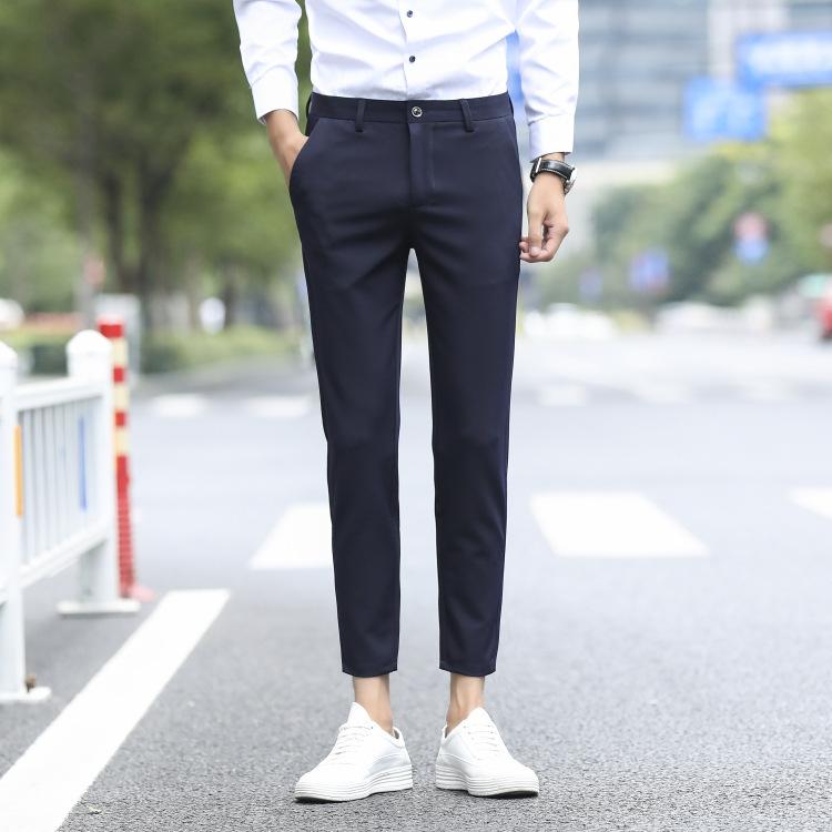 メンズ 夏用 ビジネスカジュアルパンツ 韓国風 トレンド 垂感 ストレートレッグ ロングパンツ 青年向け スリムフィット マイクロストレッチ 9分丈 中腰 コーンフィット ポリアエステル素材 無地 軽量 非アイロン加工 ブラック ブルー グレー 浅グレー