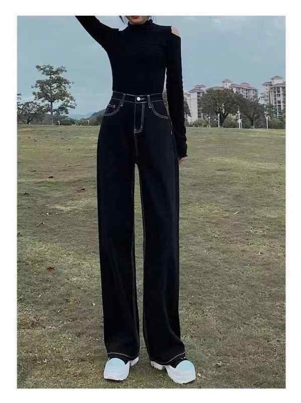 レディース 牛仔パンツ 秋冬 高腰 デニム ブラック ワイドレッグ ロング丈 ゆったり スリム スタイル ロング 韓国スタイル 街頭 ファッション 綿素材 厚手 ポケット ボタン アクセント 気質 イーガント 潮流