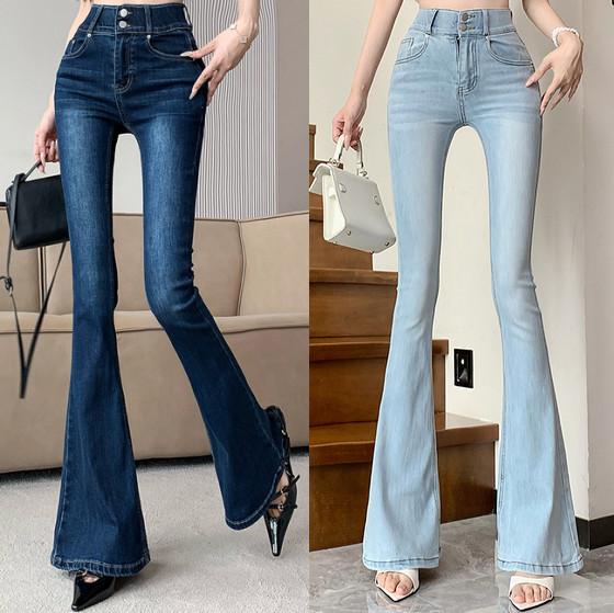 レディース 牛仔パンツ 高腰 微喇 ロングパンツ 黒 デニム 伸縮性 軽量 セクシー スタイル 私服 普段使い ボタン デザイン 水洗加工 磨..