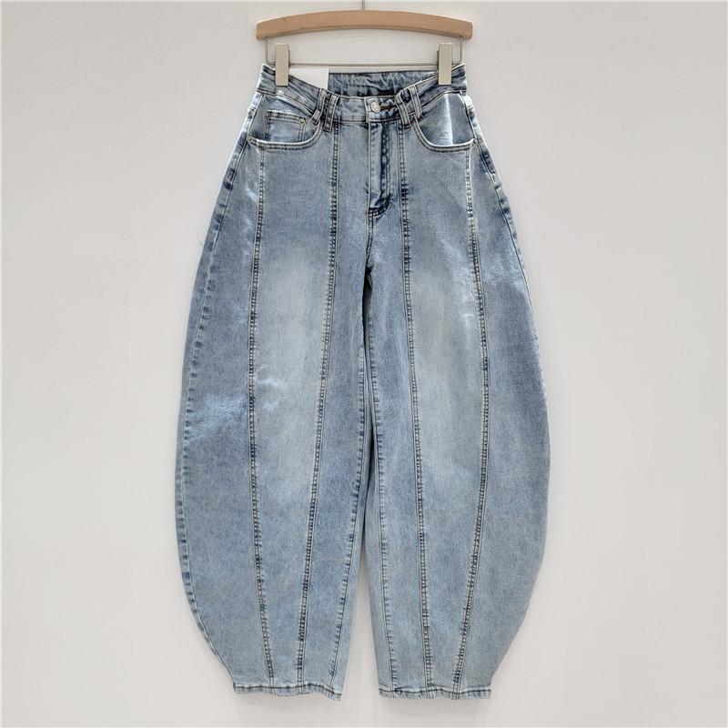 レディース デニムパンツ 牛仔布 ポリエステル混 ワイドレッグ クロップド バナナパンツ ゆったり スリム効果 ファッション 春夏 ブルー 弾力 中厚 長丈 ストリートスタイル 欧米風 個性派 普段使い 軽量 伸縮性 ハイウエスト ビッグシルエット トレ