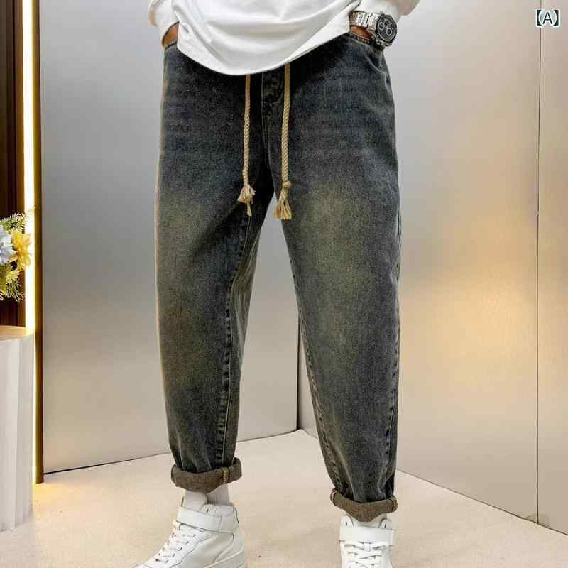 メンズ 牛仔パンツ 秋季 直筒 ミッドライズ ワイドレッグ ヴィンテージ 水洗加工 デニム ポリエステル混 ストレッチ ミディアムウェイト カジュアル 日常使い 青少年向け 多ポケット ロング丈 ブルー ゆったりシルエット コットン調 軽量 通勤 通学