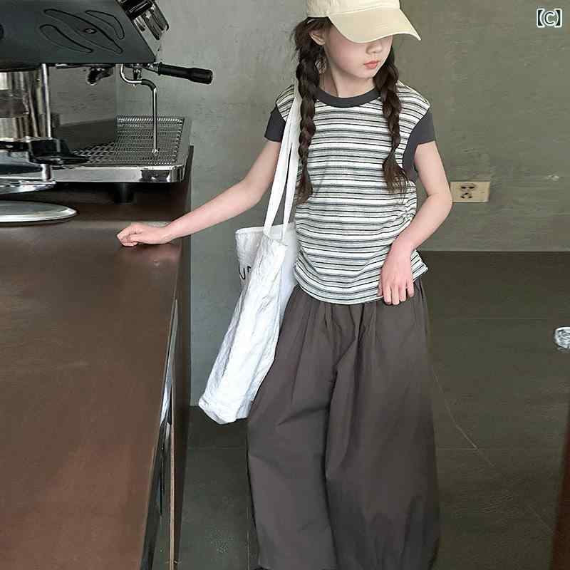 女児 夏季 トップス ショートパンツ セット 韓系 ファッション ストライプ 無袖 九分丈 薄手 綿麻 柔らかい 接触冷感 ピンク グレー かわいい 動きやすい 通気性 吸湿速乾 軽量 子供服 カジュアル 普段使い 春夏