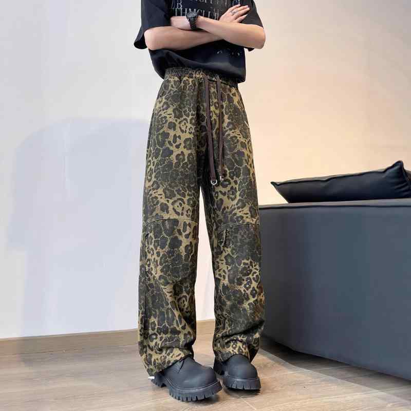 メンズ 直筒パンツ 豹柄 デニム 薄手 低腰 春夏 ストリート 復古 痞帅 ヒップホップ スタイル 長丈 日常使い 伸縮性 軽量 コットン混 ポリエステル 素材 ブラック系 グレー系 ベージュ系 ティーン向け カジュアル ファッション