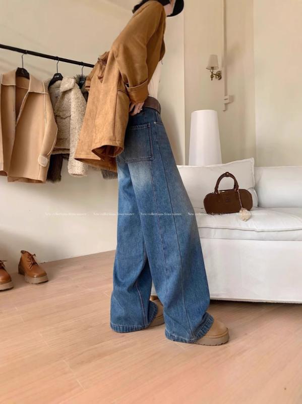 牛仔パンツ 女性用 秋冬 ハイウエスト ワイドレッグ 長ズボン デニム素材 コットン混 ポリエステル混 中伸縮 水洗加工 基本スタイル 日韓カジュアル 普段使い 暖か加厚 ライトブルー ホワイト