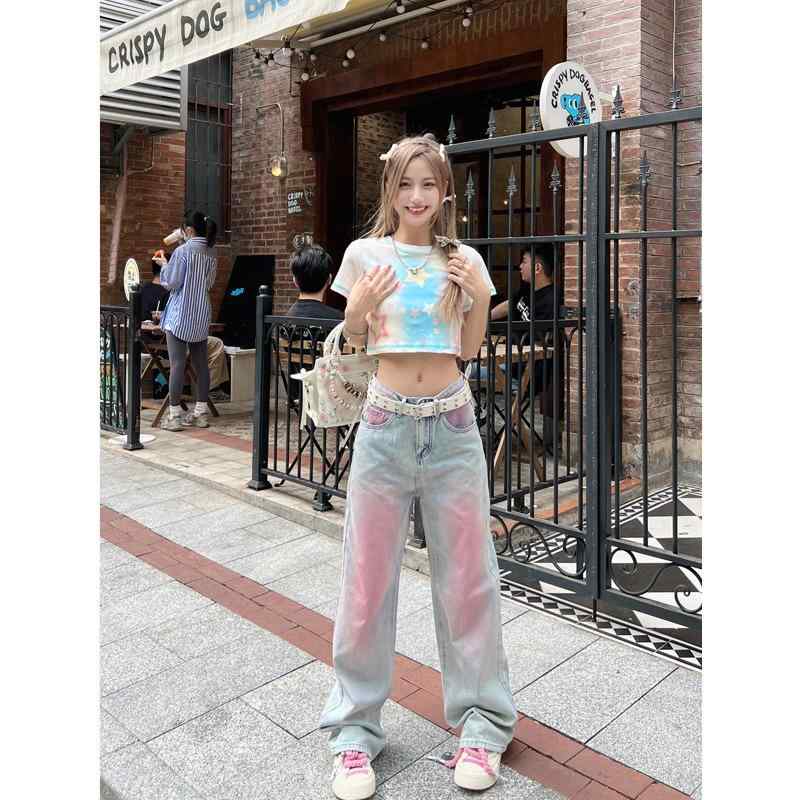牛仔パンツ 女性用 夏 ハイウエスト ワイドレッグ ロング デニム 軽量 伸縮性 ポリエステル ポケット 切り替え 浅ブルー 快適 普段使い