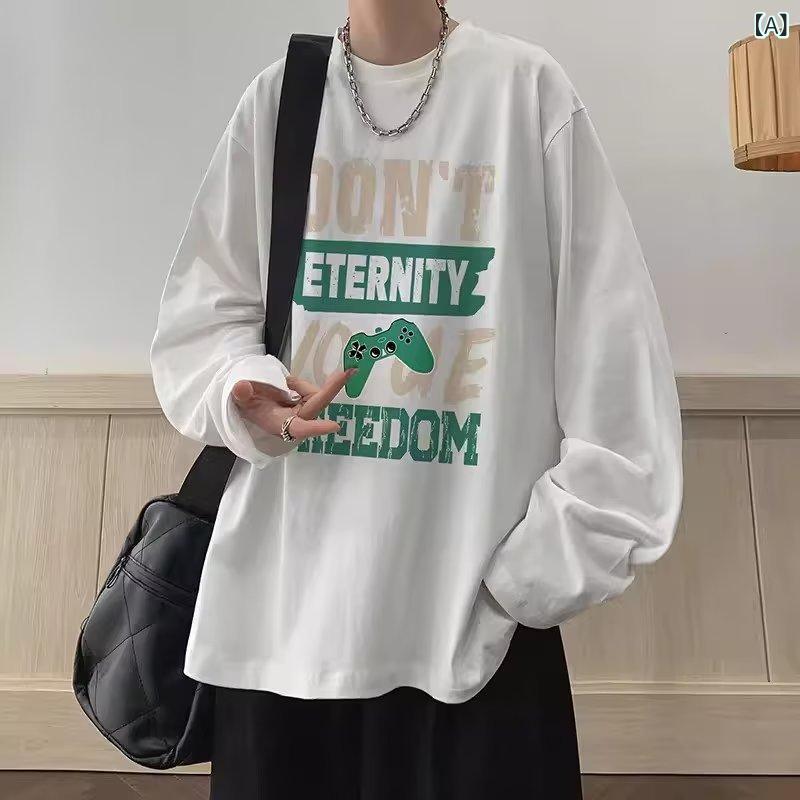 メンズ 長袖 Tシャツ トップス 秋冬 ポリエステル 化繊混紡 薄手 ゆったり ルーズフィット 落肩袖 丸首 プリント柄 グラフィック アルファベット ストリート 日常 普段着 ティーン ユース カジュアル インナー レイヤード 吸湿速乾 軽量 伸縮性 2