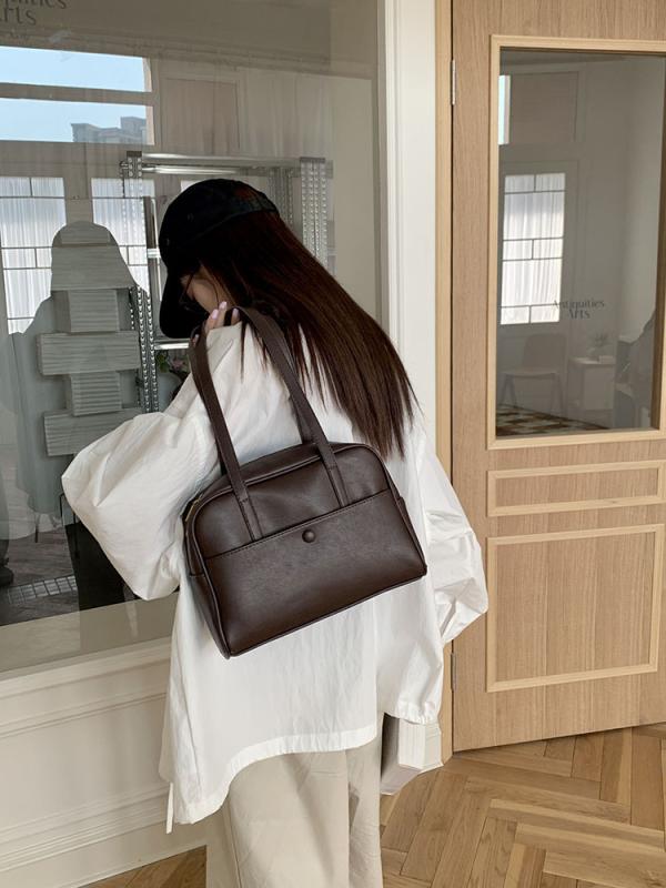 樂天商城 - トートバッグ 女性用 韓国風 肩掛け バッグ 春 復古 脇下 ショルダー 大容量 横型 方形 ミディアムサイズ PUレザー 車縫いステッチ ジッパー開閉 ジッパー内ポケット 中硬度 都市 シンプル ブラック ブラウン コーヒー カラー 日常使い 軽量 機