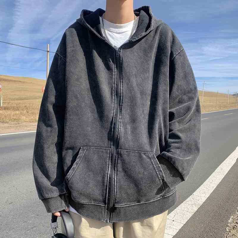 メンズ 開襟 フーディー ビンテージ ウォッシュ加工 デニム風 秋冬 コットン混 ポリエステル 厚手 フリース 裏地なし ジップアップ ブラック ロングスリーブ ルーズフィット カジュアル ストリート スタイル サイドポケット イージーケア ゆったり 大