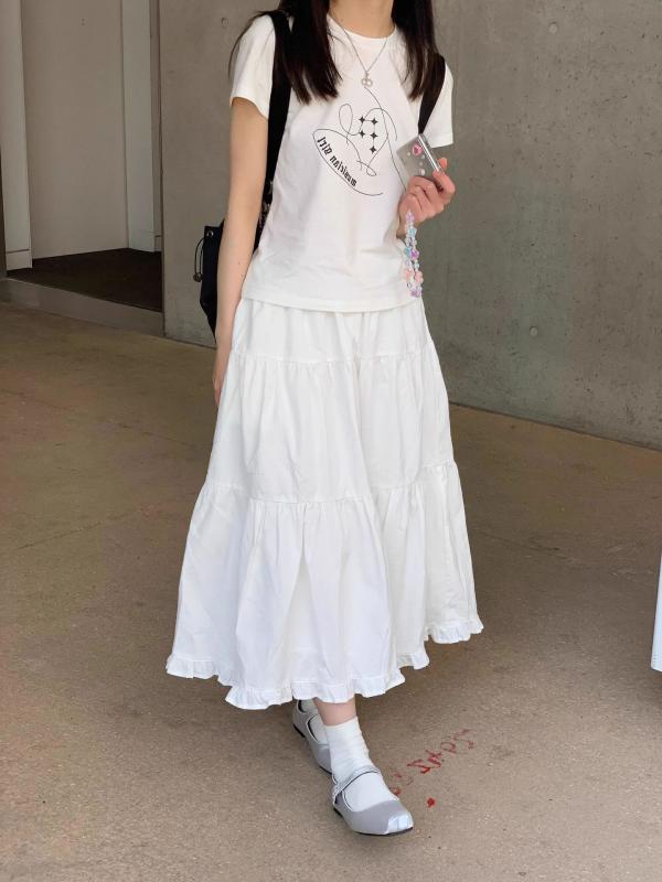 スカート 女性用 春夏 白色 ブラック 杏色 通勤 普段使い 接触冷感 ポリエステル 再生繊維 ハイウエスト スリム ゆったり Aライン 中長丈 スカート 木耳縁 切り替え 無弾性 快適 軽量 百搭