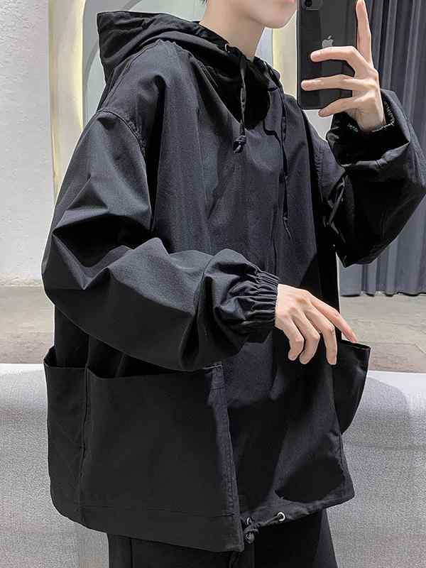 メンズ スウェットパーカー 連帽 長袖 薄手 ブラック 軍緑 純色 ポリエステル ポリエステル素材 軽量 吸湿速乾 伸縮性 ワイドシルエット ゆったりフィット 日常カジュアル ストリートスタイル 秋 春夏 機能性アウター トップス ルームウェア アウトド