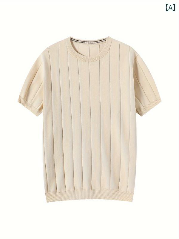 Tシャツ メンズ 春夏 薄手 短袖 丸首 綿混紡 ポリエステル 透気性 ゆったりシルエット 軽量 針織トップス 男性用 ティーシャツ 杏色 白色 春秋 レイヤード 軽熟スタイル 無印線 免燙加工 18-24歳 青少年向け 日常カジュアル 2
