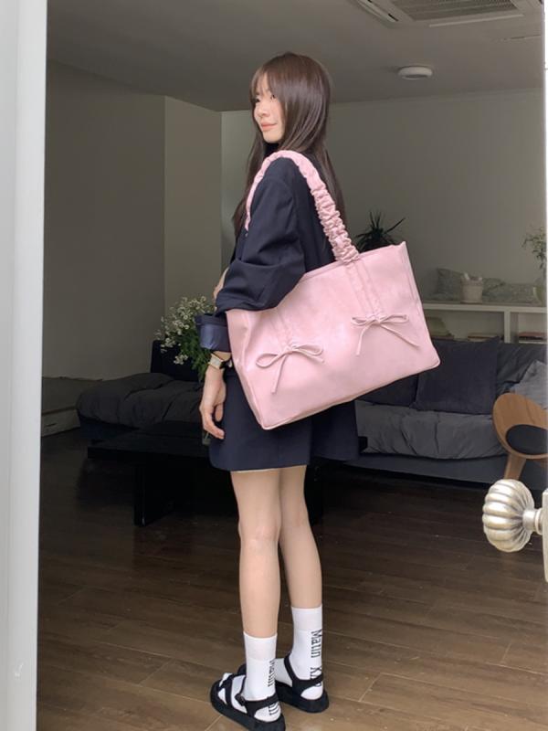 VANESSA BRUNO - トートバッグ 女性用 かわいい ピンク キャンバス 大容量 シワ加工 蝶結び 春夏 日常使い 通勤 軽量 肩掛け ファッション 切り替え ビッグシルエット フレッシュ スイート