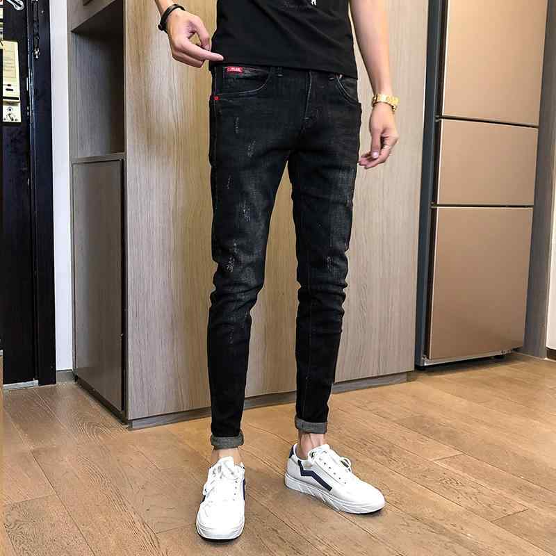 メンズ デニムパンツ ストレッチ ブラック スリムフィット 細脚 ミドルウエスト ジッパー コットン 素材 長ズボン 普段使い 休闲スタイル 小直脚 青少年向け 通年使用 軽量 通勤対応 カジュアル 吸湿速乾 伸縮性 洗い加工 再生繊維 混紡 黒色 メン