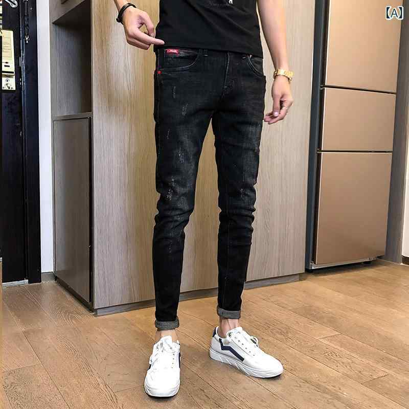 メンズ デニムパンツ ストレッチ ブラック スリムフィット 細脚 ミドルウエスト ジッパー コットン 素材 長ズボン 普段使い 休闲スタイル 小直脚 青少年向け 通年使用 軽量 通勤対応 カジュアル 吸湿速乾 伸縮性 洗い加工 再生繊維 混紡 黒色 メン 2