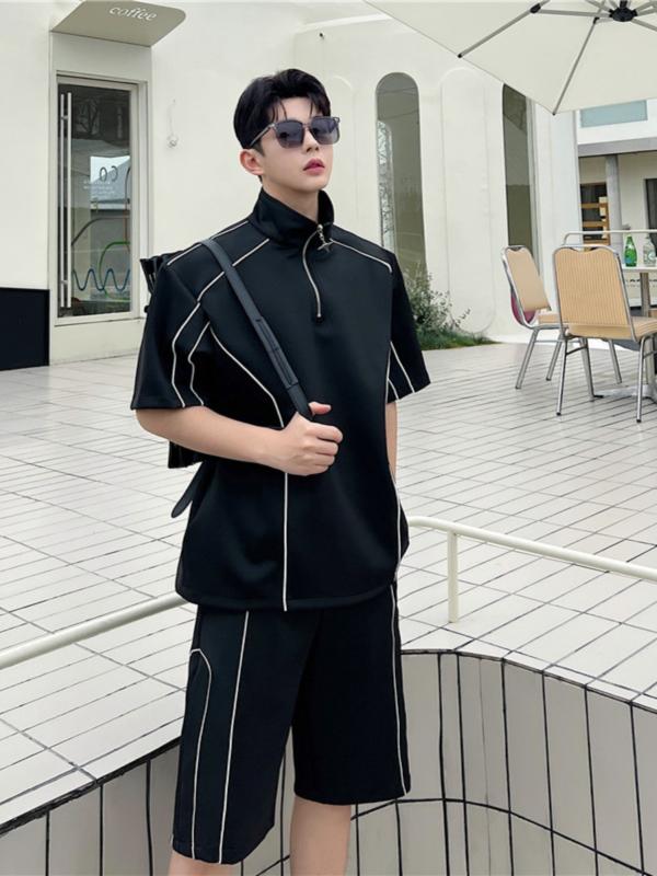 Other - メンズ スポーツ セットアップ 半ジップ Tシャツ ショートパンツ 2点セット 夏用 ポリエステル 涼しい 吸湿速乾 ブラック ホワイト ゆったり シルエット カジュアル 普段使い 短袖 5分丈 韓国風 港風 ポップ スタイル 18-24歳向け 軽量 快