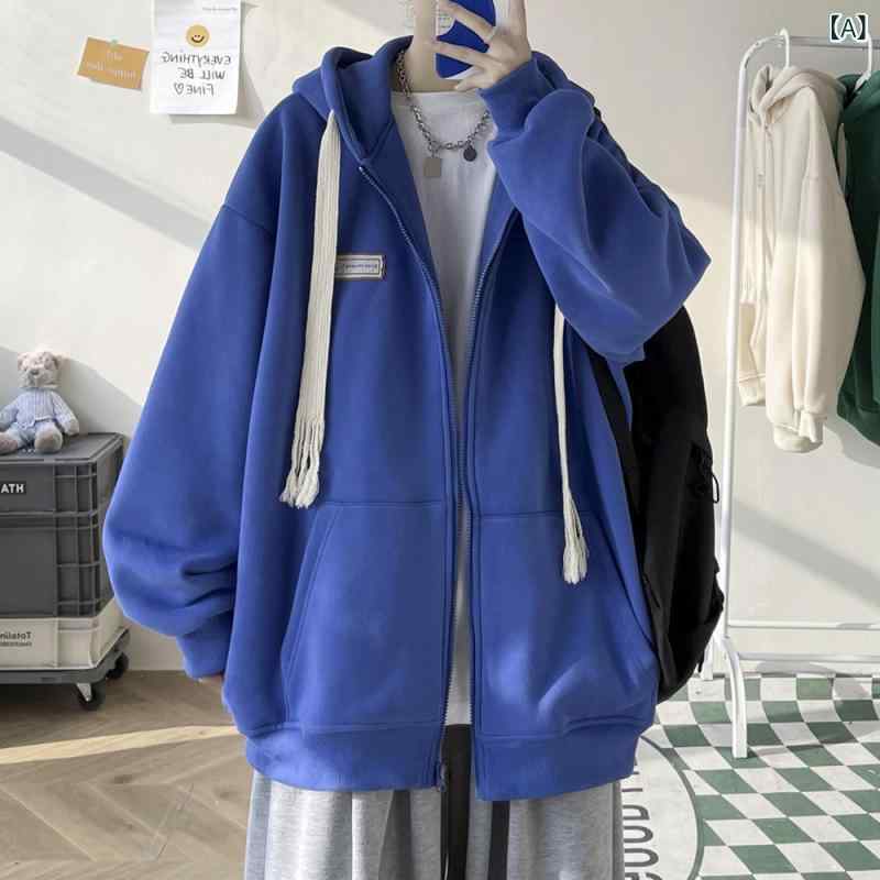 メンズ フーディ 開襟 スウェット カーディガン 秋冬 長袖 連帽 ラグラン コットン 混 ポリエステル 繊維 フリース ライニング ルーズ フィット 無地 バッジ ディテール サイド ポケット ブルー ブラック アイボリー カラーバリエーション ユニセ