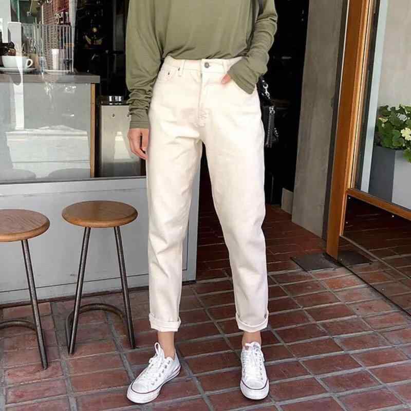 デニムパンツ 女性用 学生向け 春夏 秋冬 直筒 九分丈 高腰 ワイドレッグ ルーズフィット コットン素材 ミディアム厚 ポケット付き シンプルスタイル 日韓カジュアル 無弾性 水洗加工 米白 ブラック 普段使い 通勤 街着 軽量 快適