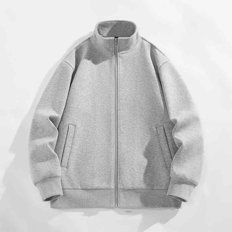 メンズ フードレス スタンドカラー ジップアップ スウェット ジャケット 長袖 切り替え デザイン ポリエステル 素材 耐汚れ 加工 厚手 暖か 軽量 ゆったり シルエット 側面 ポケット 付き ソリッド カラー グレー ブラック 秋冬 日常 着用 カジ