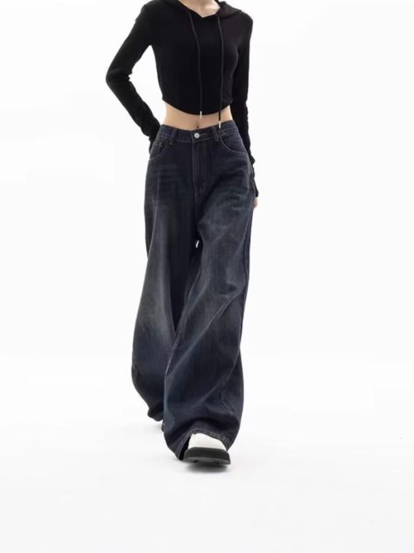 ワイドレッグ デニムパンツ レディース 高腰 ワイドシルエット ストレート ロングパンツ ブルーグレー ポリエステル混 ストレッチなし 中厚 立体裁剪 韓国風 ストリート カジュアル 普段使い 秋 春夏 通勤 デイリー 快適 ゆったり フィット