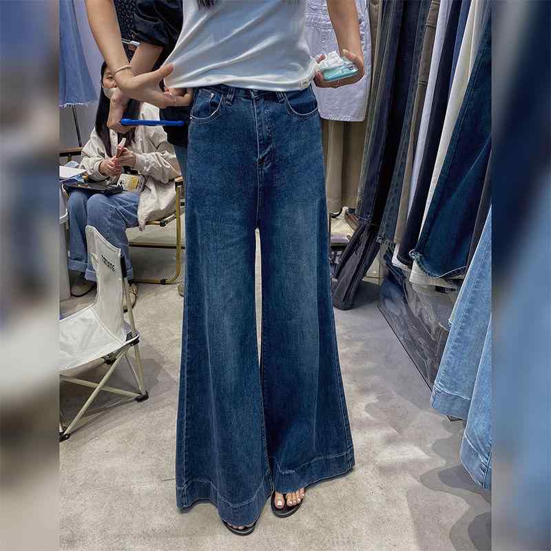 ジーンズ 女性用 春夏 高腰 デニム スカートパンツ ロング丈 ワイドレッグ 気質 通勤風 気質スタイル ハンサム クラシック スリム フィット ヴィンテージ ウォッシュ加工 ライトブルー ヴィンテージブルー ミディアム厚 ストレッチ 素材 コットン混
