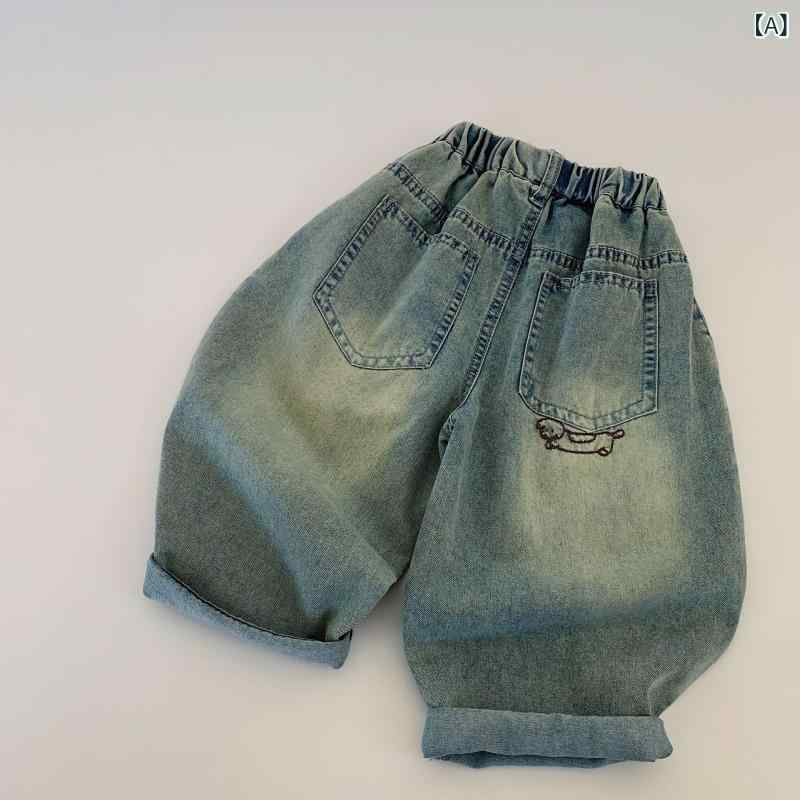 キッズ 男女共用 牛仔 長ズボン 秋 デニム 綿 素材 柔軟 加工 ミッドライズ ゴム ウエスト ブルー ワイド ルーズ フィット ビンテージ スタイル ストリート ファッション 春秋 普段使い 伸縮性 軽量 快適