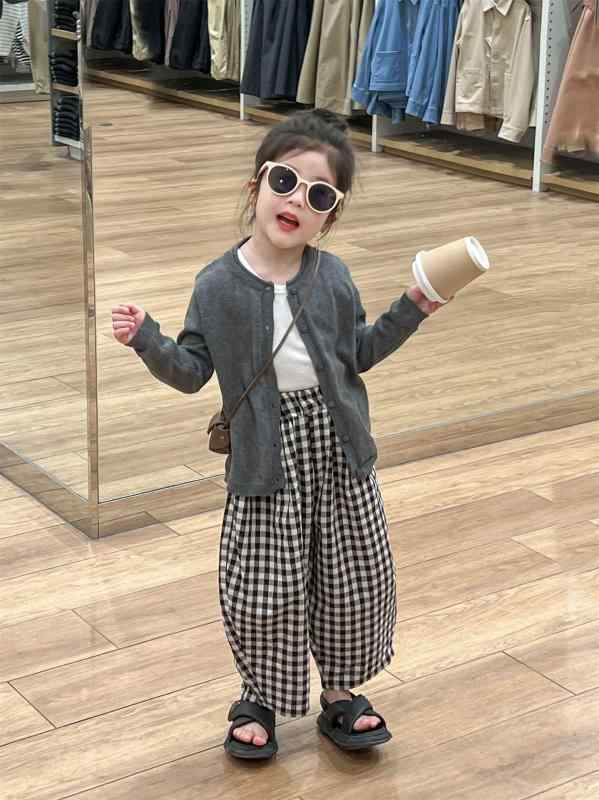 女児 春秋 トップス 開襟ニットセーター コットン混紡 背心 チェック柄 ハーレムパンツ 3点セット 女の子服 伸縮性 軽量 長袖 長ズボン ユニセックス カジュアル 日常使い 100-140cm