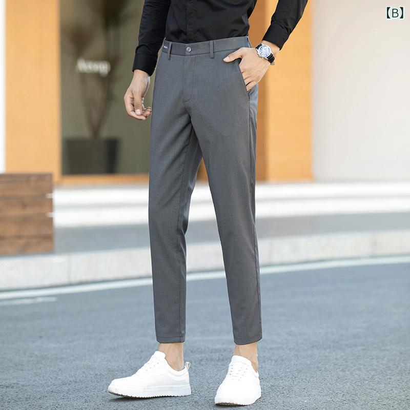 メンズ 九分パンツ 韓国風 トレンド スリムフィット テーパード 小脚 西装風 ビジネスカジュアル 薄手 弾力 ポリエステル混紡 吸湿速乾 透気性 耐摩耗 ミッドライズ ジップフライ ポケット ソリッドカラー カーキ グレー ブラック 夏用 軽量 伸縮性 3