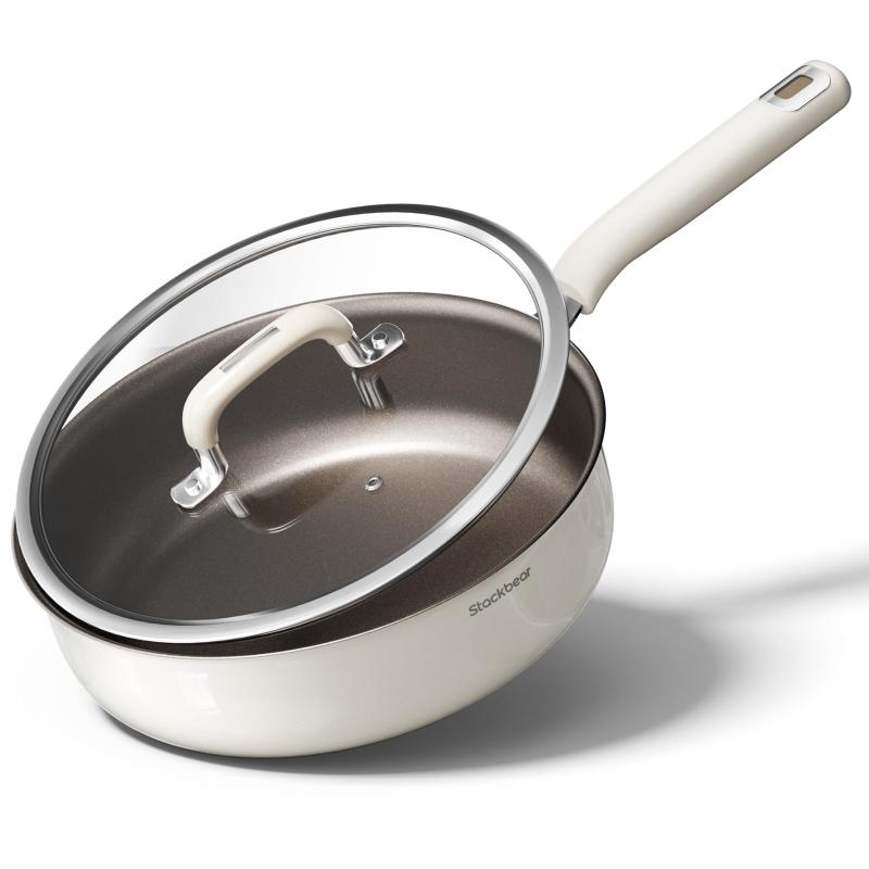 STACKBEAR チタン強化セラミック フライパン 28cm ガラス蓋付き｜Swiss DualGuardコーティング採用・3層構造・煎る・炒める多機能｜油はね防止・IH/ガス対応・お手入れ簡単｜卵・魚・ステーキに最