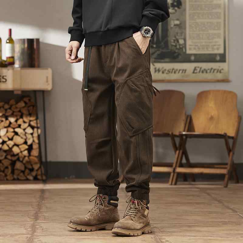 メンズ 工装パンツ 直筒型 低腰 長ズボン 束脚 復古風 水洗加工 薄手 無弾性 春用 カーキ ブラック ブラウン カジュアル 普段使い 男性用 ズボン デニム風 軽量 直筒シルエット ミリタリー調 ストリートスタイル