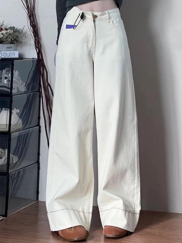 レディース 春夏 牛仔パンツ 高腰 直筒 ミモザカラー ワイドレッグ ゆったり スリム 快適 軽量 綿混 ポリエステル ミックス 微弾性 ヴィンテージ 洗い加工 長丈 中厚 日常使い カジュアル 復古風 クロップドなし タイトなし ハイウエスト フラット