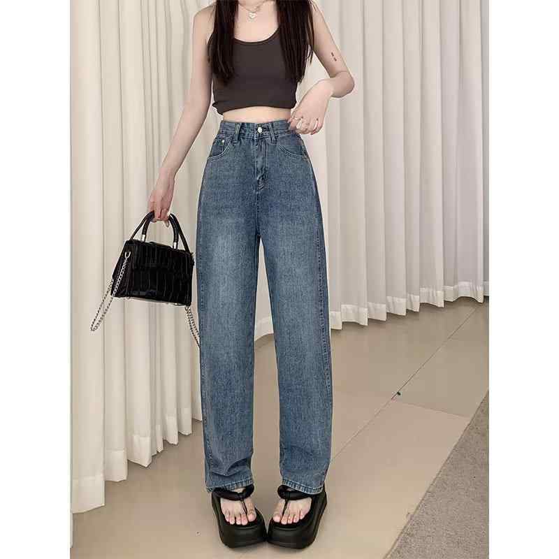 デニムパンツ 女性用 春夏 高腰 ワイドレッグ 直筒 ロング丈 コットン 素材 マイクロストレッチ ポケット 切り替え ヴィンテージ ルーズフィット ドレープ ブルー ミッドウェイト ノーアイロン ストリート カジュアル ユース 個性派 普段使い 通勤